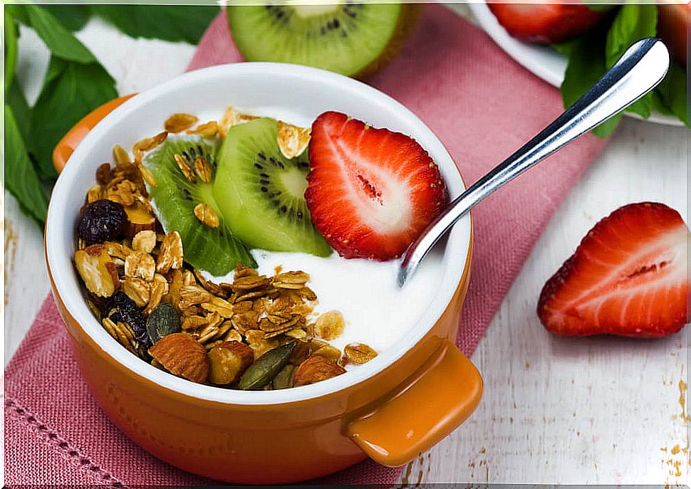 Greek yogurt with fruit and oatmeal.